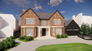 Front elevation of 21A Jesson Road in Walsall, showing the red-brick façade, central entrance and attached garage of the new family home designed by Lapworth Architects.