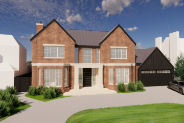 Front elevation of 21A Jesson Road in Walsall, showing the red-brick façade, central entrance and attached garage of the new family home designed by Lapworth Architects.