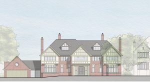 Proposed front elevation of 87 Farquhar Road in the Edgbaston Conservation Area, showing the refined Arts and Crafts-style façade designed by Lapworth Architects with gabled roofs, timber detailing and a detached garage