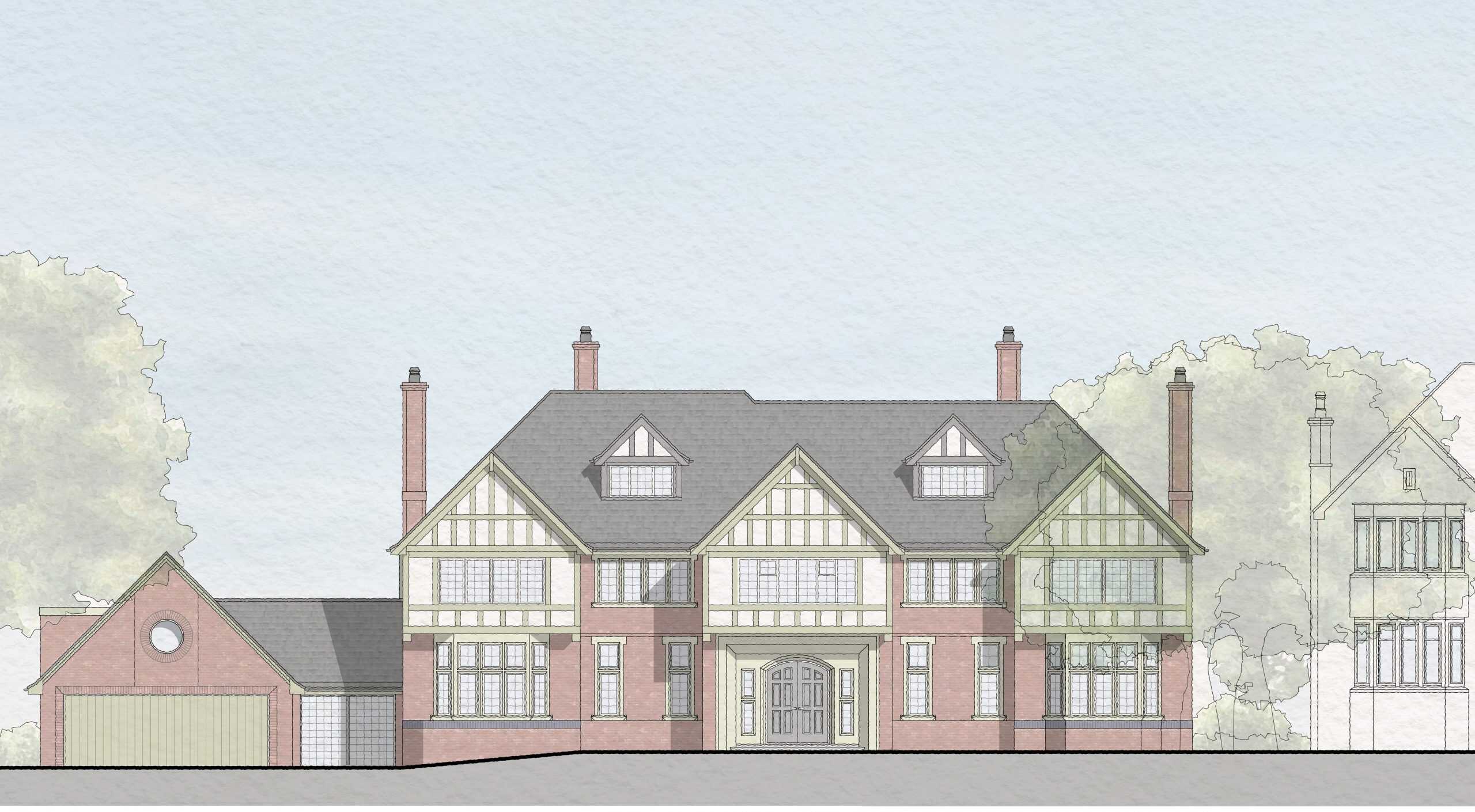 Proposed front elevation of 87 Farquhar Road in the Edgbaston Conservation Area, showing the refined Arts and Crafts-style façade designed by Lapworth Architects with gabled roofs, timber detailing and a detached garage