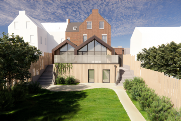 Proposed rear and side elevations of 4 Victoria Road in Harborne, Birmingham, designed by Lapworth Architects. The drawings show the two-storey rear extension, basement level and raised terrace, all finished in matching red brick and clay tile to reflect the original Arts and Crafts house.