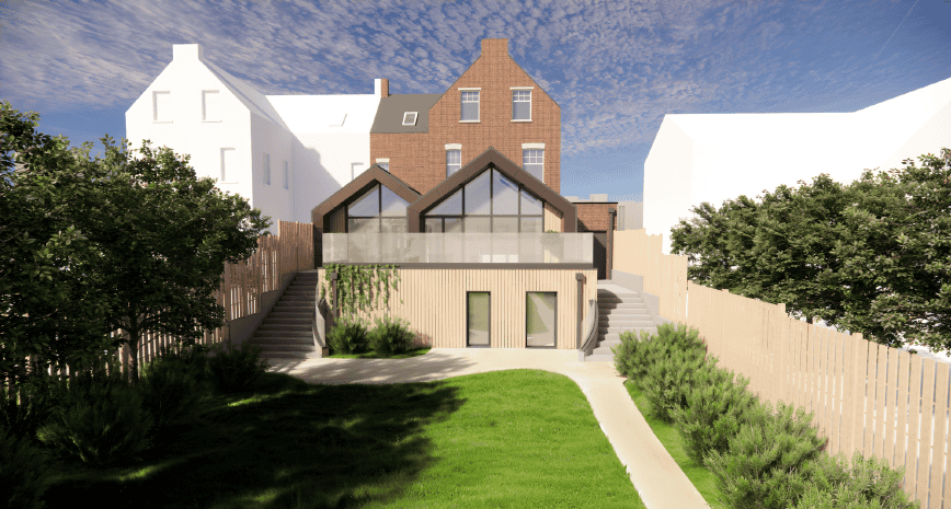 Proposed rear and side elevations of 4 Victoria Road in Harborne, Birmingham, designed by Lapworth Architects. The drawings show the two-storey rear extension, basement level and raised terrace, all finished in matching red brick and clay tile to reflect the original Arts and Crafts house.