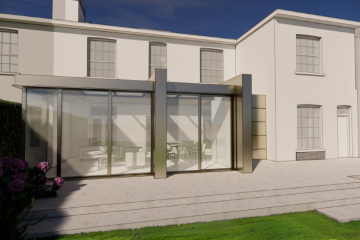 Rear elevation of 52 Harborne Road in Edgbaston, Birmingham, showing the contemporary glass extension designed by Lapworth Architects as part of the listed villa’s restoration.