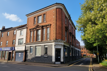 Front elevation of the Grade II listed former bank at Church Square in Oldbury, retained as part of the Lapworth Architects conversion to a high quality HMO