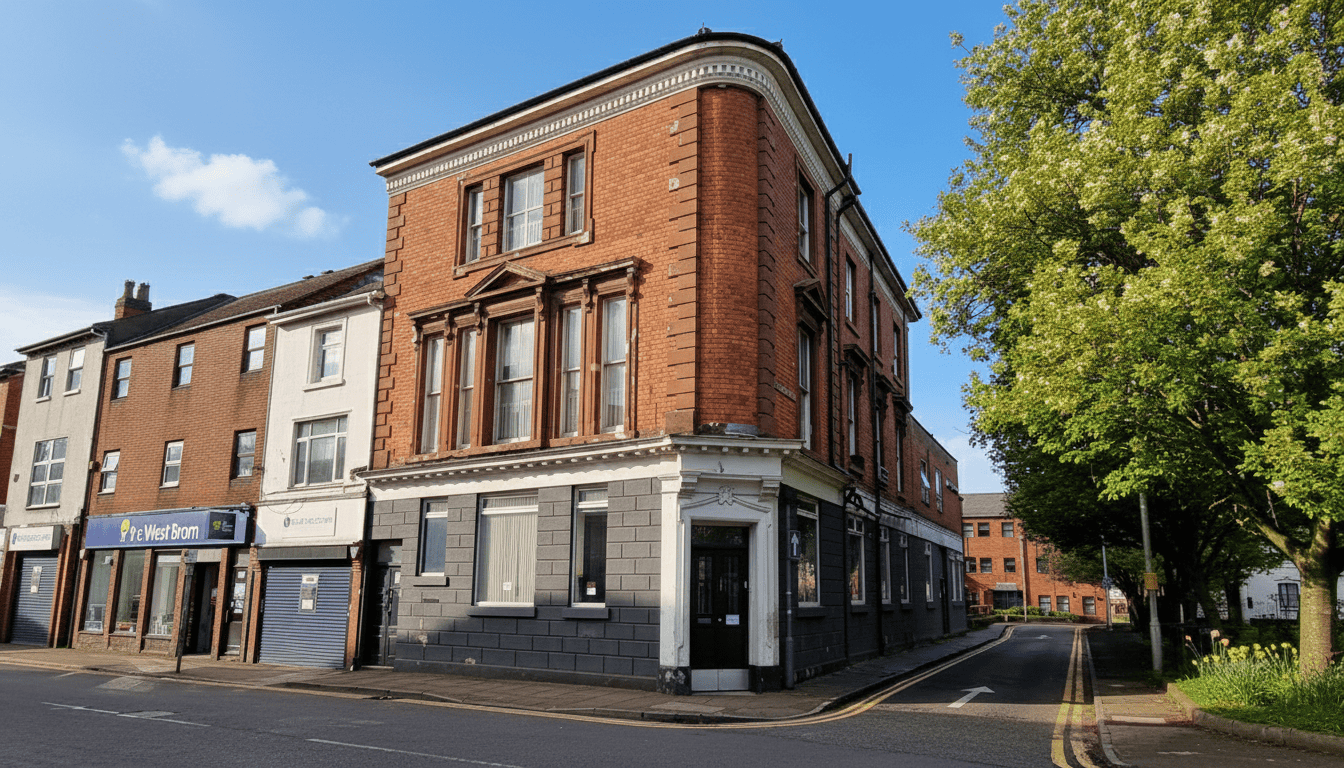 Front elevation of the Grade II listed former bank at Church Square in Oldbury, retained as part of the Lapworth Architects conversion to a high quality HMO