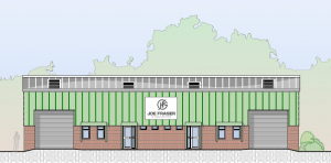 Front elevation of the Joe Fraser Gymnastics Centre in Lichfield, designed by Lapworth Architects. The design reuses an existing industrial unit with upgraded cladding, daylight panels and new signage for the Olympic gymnast’s first training facility.