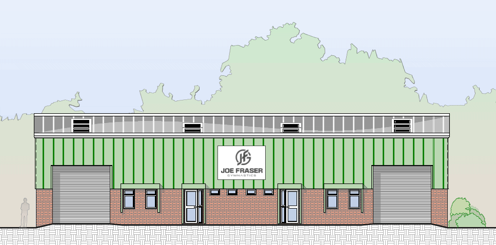 Front elevation of the Joe Fraser Gymnastics Centre in Lichfield, designed by Lapworth Architects. The design reuses an existing industrial unit with upgraded cladding, daylight panels and new signage for the Olympic gymnast’s first training facility.